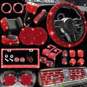 NBTEPEM 27 PCs Red Bling Car Accessories Set for Women, Steering Wheel Covers Universal Fit 15 Inch, Bling License Plate Frame, Bling Phone Holder, Bling Car Coasters (Red Diamond)