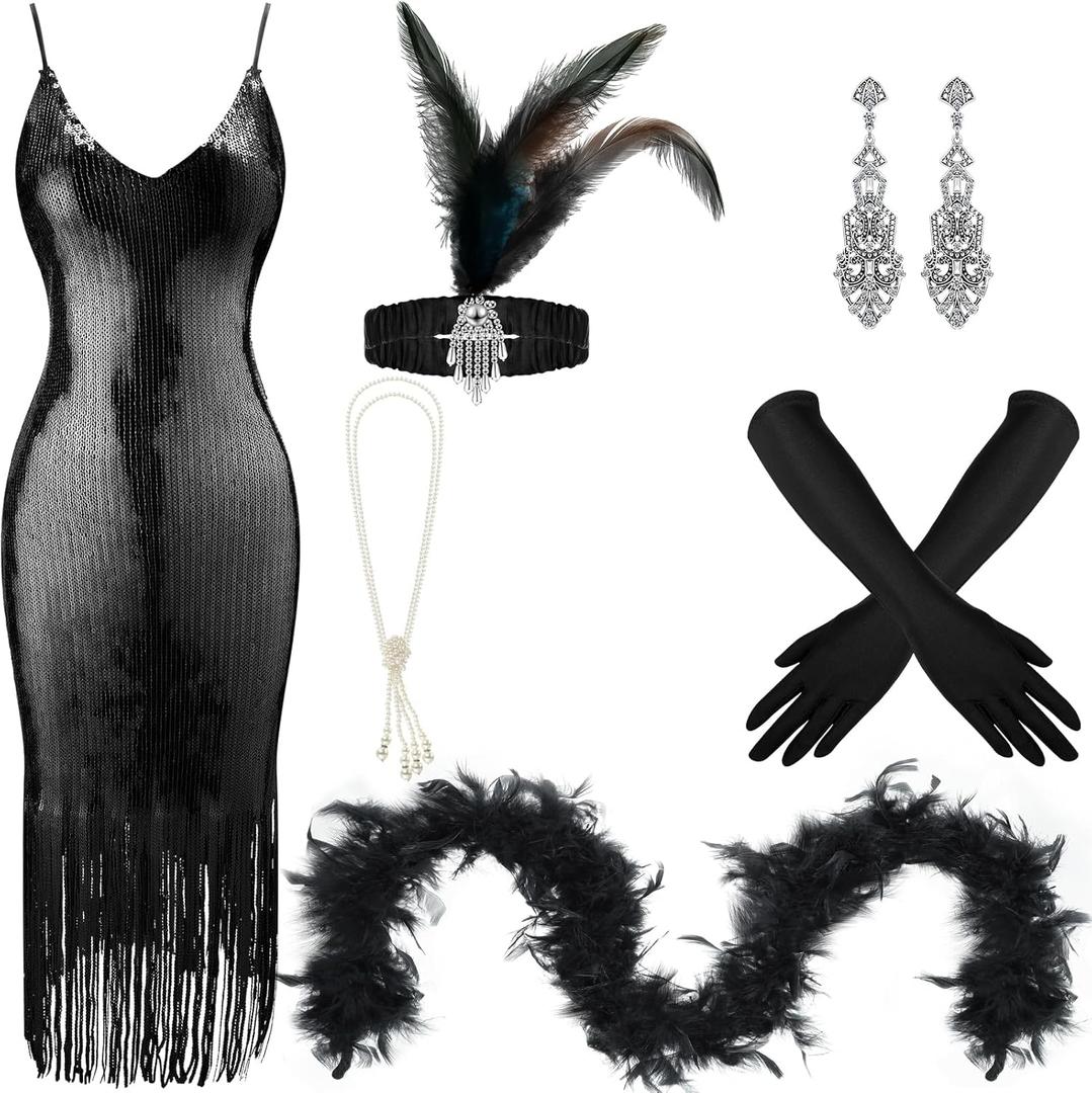 Tisancy 7 Pcs 1920s Women's Flapper Dress Sequin Dress Costume Headwear Earring Necklace Glove Stick Set and Long Feather Boa (Black, XS)