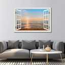 Beach Wall Art Pictures White Fake Window Frame Style Sunset Painting Seascape Artwork Ocean Birds Theme Prints on Canvas Blue Coastal Landscape for Living Room Bedroom Bathroom Home Office Decor24x36inch