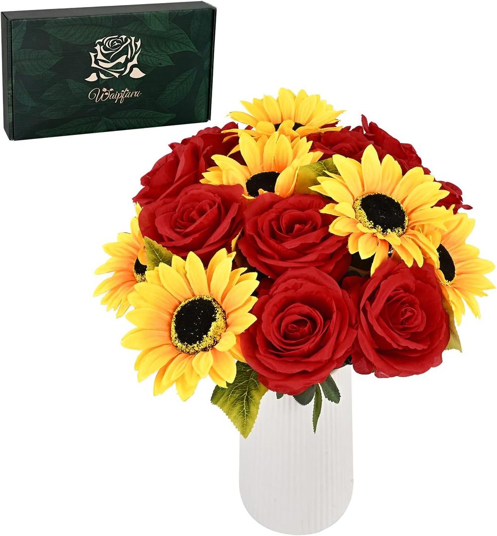 Waipfaru 16 Pcs Fake Roses Sunflowers Artificial Flowers Bulk, Silk Red Roses Yellow Flowers Artificial with Long Stems for Outdoors Wedding Bouquet Vase Flower Arrangement Decoration