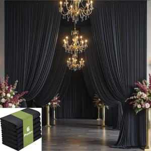 6 Panels 5x15ft Black Backdrop Curtains for Parties, Wrinkle Free Polyester Black Photo Backdrop Drapes 15 ft Long Back Drop Cloth for Wedding Birthday Photography Background Party