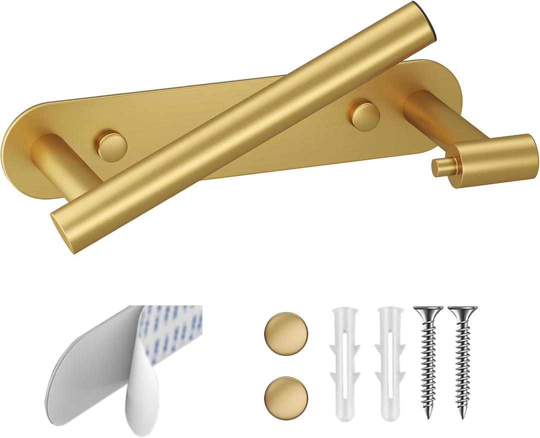 BESy Adhesive or Screw Toilet Paper Holder Wall Mount Rustproof Modern Roll Holder Flexible Pivoting Adjustable Tissue Handle with Self Adhesive or Mounted with Screws Stainless Steel Brushed Gold