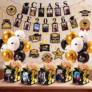 Hahafelt 42 Pcs Graduation Black and Gold Decorations, 6 Light up Picture Decorative Boxes 2 Class of 2026 Photo Banner 18 Balloons 10 Hanging Swirls 2026 Grad Party Supplies for High School College