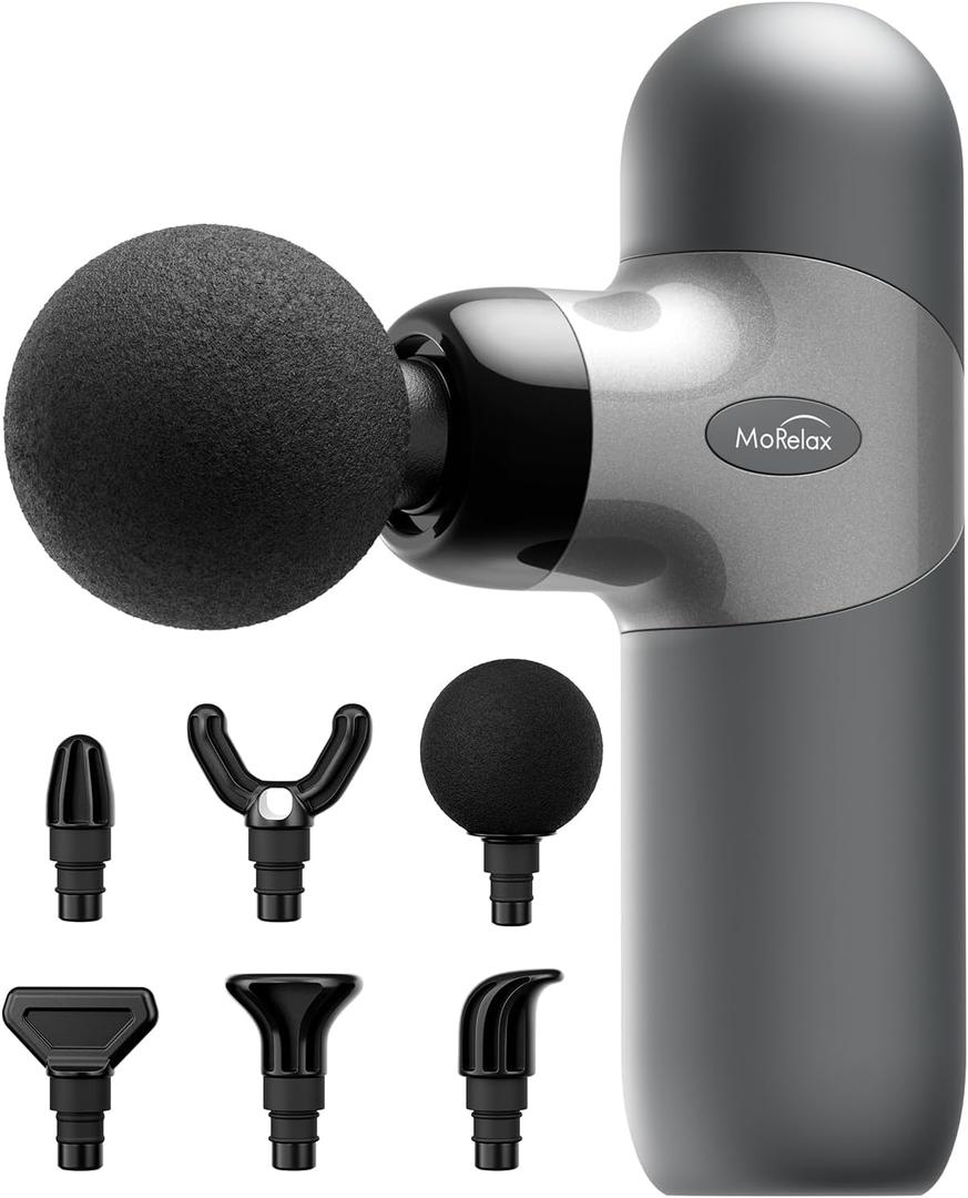 Mini Massage Gun, Percussion Muscle Massager for Back Pain Relief, Compact Sports Travel Massage Gun with 6 Massage Heads 4 Speeds, Gift for Her, Home, Athletes (Silver)