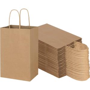 Toovip 100 Pack 5.25x3.25x8.25 Inch Small Plain Brown Kraft Paper Bags with Handles Bulk, Gift Bags for Favor Grocery Retail Party Birthday Shopping Business Goody Craft Merchandise Take Out Sacks