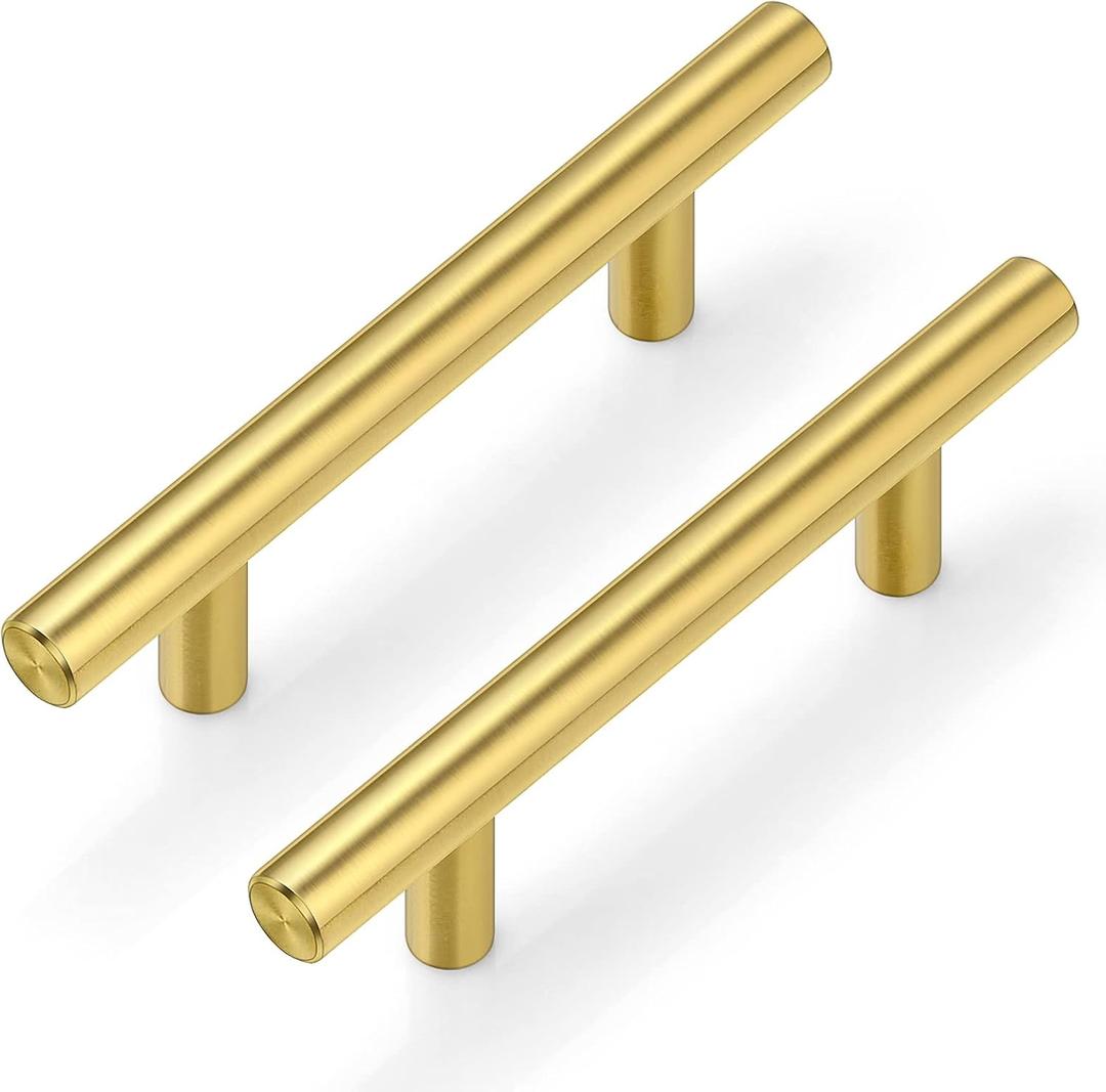 Plustool 30Pack 3''Hole Centers Gold Cabinet Handles-Brushed Brass Cabinet Pulls Gold Dresser Drawer Pulls-Stainless Steel Door Hardware for Kitchen Bathroom Bedroom Furniture-5''Overall Length