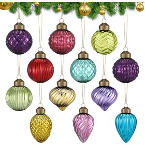 Soulchen 24 Pcs Vintage Retro Christmas Glass Ornaments 2.4'' Mini Multi Colorful Glass Balls Bulk Antique Xmas Hanging Decorations for Xmas Tree Wreaths Garland Holidays Farmhouse Party