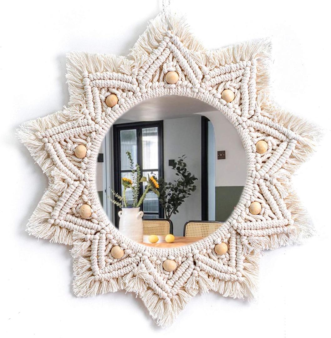 Boho Wall Decor Mirror Macrame Circle Hanging Mirror for Bedroom Living Room Apartment Entryway Home Decor (White)