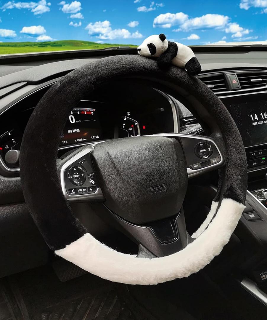 Dotesy Cute 3D Panda Auto Steering Wheel Cover, Fashion Cartoon Style Car Steering Wheel Cover Protector Fluffy Plush Soft Comfort Warm Universal for 36.5-38cm (Black White)