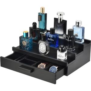 Perfume Organizer for Men, 3 Tier Wood Perfume Display Stand with Velvet Lining Drawer and Hidden Compartment for Watch,Jewelry,Perfume Display Risers,A Gift for Men (Black)