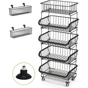 Fruit Vegetable Basket, 1Easylife 5 Tier Stackable Metal Wire Basket Cart with Rolling Wheels, Utility Rack for Kitchen, Pantry, Garage With 2 Free Baskets (Black)