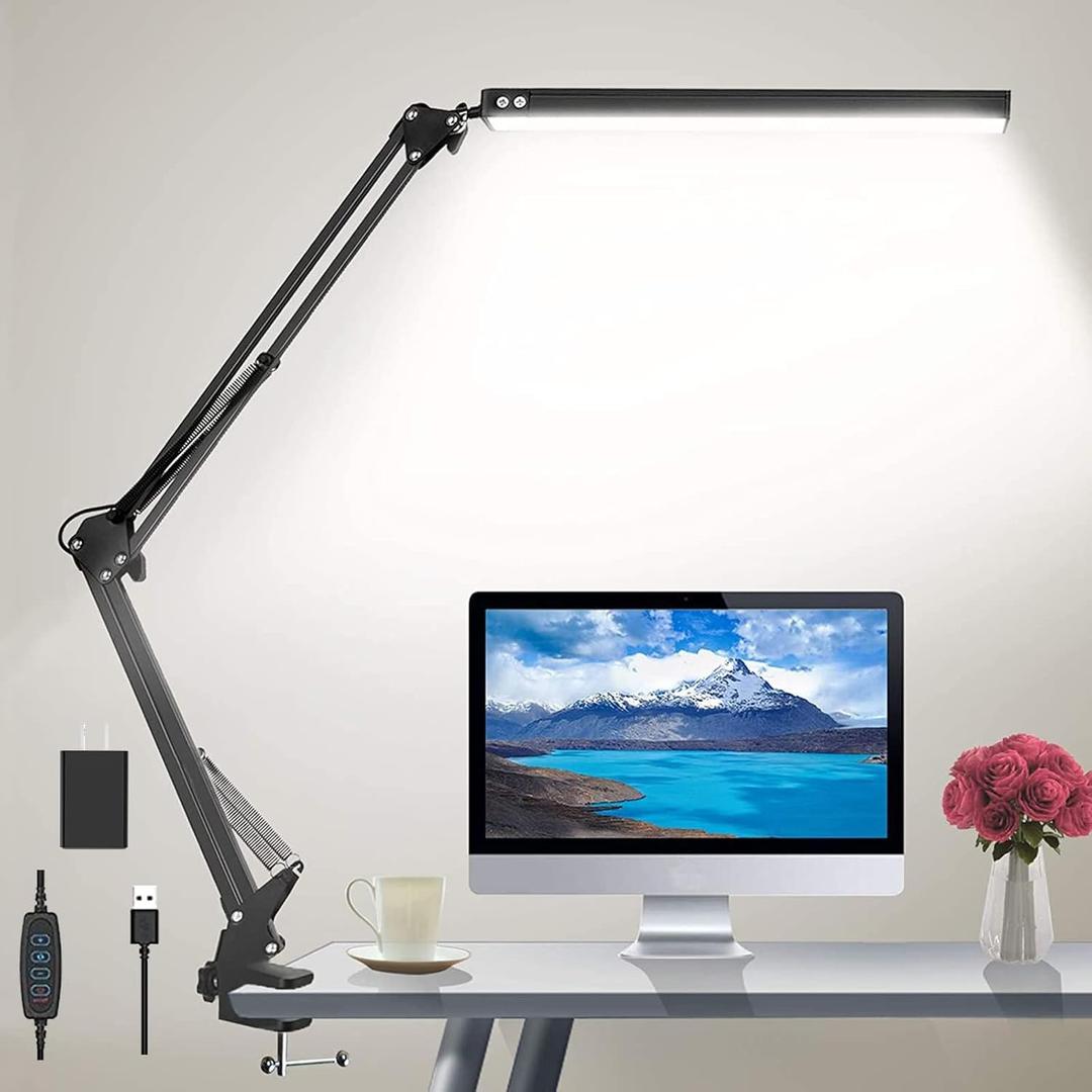 LED Desk Lamp for Home,Office,Reading,Adjustable Eye-Caring Desk Light with Clamp,Swing Arm Lamp Includes 3 Color Modes,10 Brightness Levels Table Lamps with Memory Function (Gray)