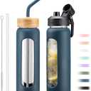 24oz Glass Water Bottle with Straw and 2 Lids-Bamboo and Spout Lid, Borosilicate Glass Water Bottle with Silicone Sleeve and Time Marker,BPA Free & Cupholder Friendly,Dark Blue