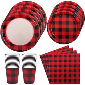 Aneco 122 Pieces Red and Black Buffalo Plaid Party Supplies Disposable Party Tableware Set 7 and 9 Inches Paper Plates Cups Napkins for 24 Guests