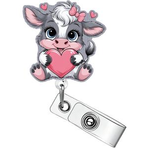 Pink Love Heart Cow Badge Reel Valentines Badge Clip Cute Cow Badge Reels Retractable Valentines Badge Holder with Retractable Clip Funny Animal ID Card Holder for Nurse Doctor Teacher Office Staff