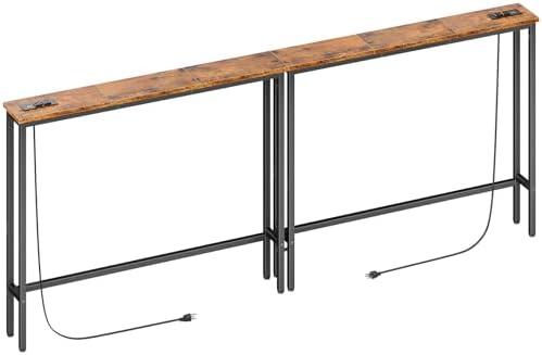 ELYKEN 2 Pack 5.9" Narrow Console Sofa Table with Power Outlets, Total 78.8” Long Behind Couch Table with Charge Station and 5.9’ Extension Cord for Living Room, 5.9"D x 78.8”W x 29.5”H, Rustic Brown