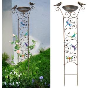 SUNNYPARK Bird Bath with Trellis Outdoor, Antique Garden Iron Plant Trellis with Decorative Dragonfly Detachable Bird Bath Bowl Metal Potted Plant Support for Climbing Flowers