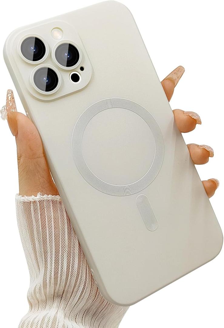 Magnetic for iPhone 15 Pro Phone Case for Women, Matte Luxury Soft Metallic Luster Design with Camera Lens Protector, Compatible with Magsafe Case for iPhone 15 Pro 6.1"-White