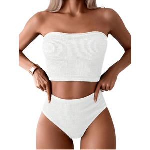 OYOANGLE Women's 2 Piece Strapless Swimsuit High Waisted Smocked Bandeau Bathing Suit (X-Large, White)