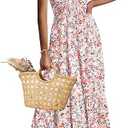 ANRABESS Women's Summer Short Sleeve Maxi Dress 2025 Casual V Neck High Waist A-Line Flowy Loose Tiered Boho Long Dresses (Medium, Deep Pink Floral)