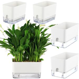 Planterhoma Self Watering Plant Pots for Indoor Plants 7/10 inch, 4 Packs Square Self-Watering Planters with Drainage Hole, White African Violet Pots for Devil's Ivy, Spider Plant, Orchid