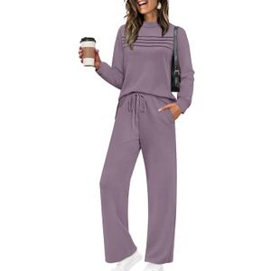WIHOLL Two Piece Sets for Women Spring Travel Vacation Outfits 2026 Long Sleeve Lounge Sets Side Slit Wide Leg Pants (Grey Purple) XL