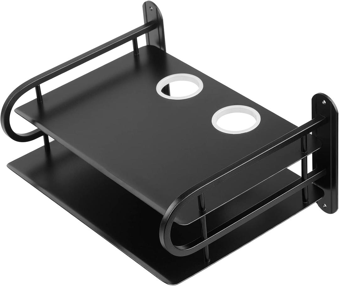 Black Metal Double Wireless WiFi Router Storage Box Wall Hanging Shelf with Cable Organizer, 2 Shelves, Large