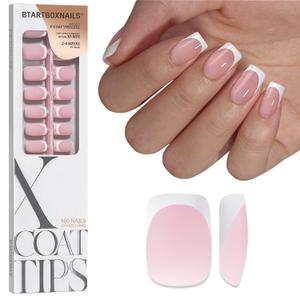 BTArtboxnails XCOATTIPS French Tip Nails - Short Press On Nails, 160 Pcs Pink Square Soft Gel Nail Tips Pre-applied Tip Primer & Base Coat, No Need File False Nails for Gift, 16 Sizes