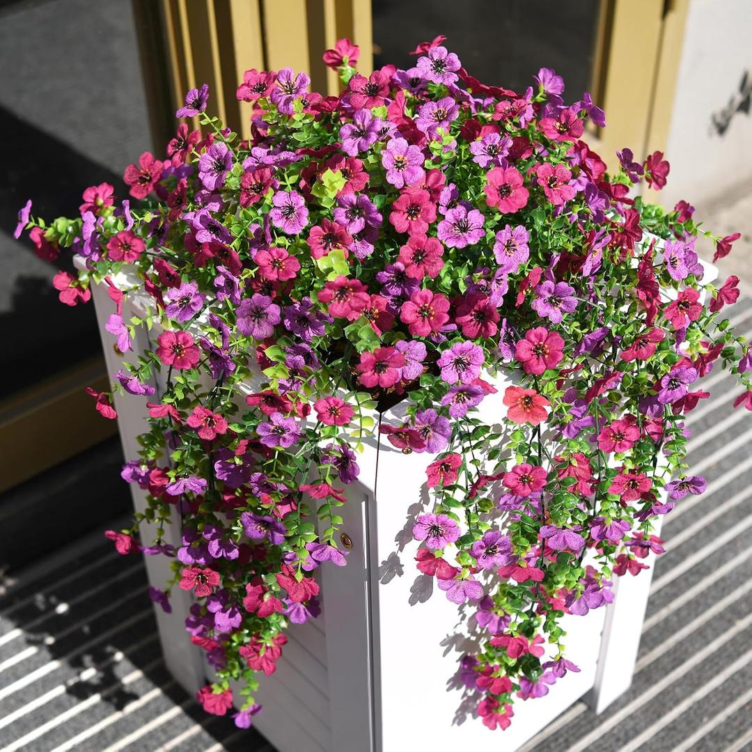 Artificial Hanging Flowers for Outdoors, 2 Pcs Fake Hanging Plant Spring Summer Decoration, UV Resistant No Fade Faux Silk Daisy Flower for Planter Porch Patio Yard Garden Decor(Light Purple Red)