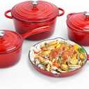 QuliMetal Nonstick Enameled Cast Iron Cookware Set, 7-Pcs Pots and Pans with Lid, Frying Pan Skillet, Sauce Pan, Healthy Round Dutch Oven Pot for Sourdough Bread Baking on All Stovetop, Rouge Red