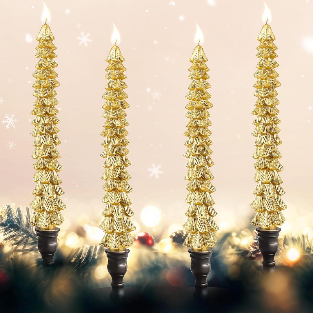 4 Pcs 10 Inch Christmas Tree Candles, Premium Natural Unscented Beeswax Christmas Tree Shaped Taper Candles with Cotton Wick, for Xmas Holiday Decor Party Banquet, Gold