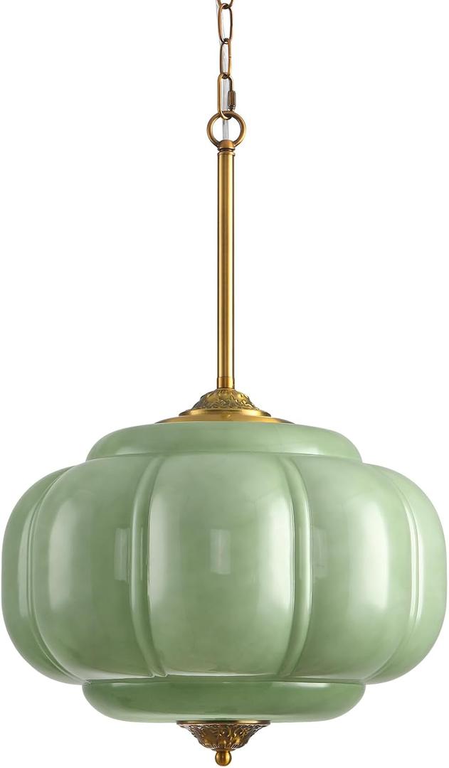 Green Glass Pendant Light, 15in Large Schoolhouse Light Fixture, LED Bulb Included, Vintage Art Deco Chandelier for Kitchen Island Dining Room Bedroom Hallway, Green & Antique Gold 1 Pack