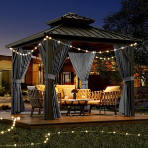 OUTLANE 10x10ft Gazebo, Hardtop Double Roof Canopy with Netting and Curtains, Outdoor Gazebo Galvanized Iron Aluminum Frame Garden Tent for Patio, Backyard, Deck, Lawns (Gray)