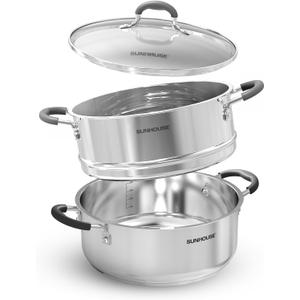SUNHOUSE - 4.6 Quarts Steamer Pots With Lid 2-Tier Multipurpose Stainless Steel Steaming Pot Cookware For Vegetable, Dumpling, Sauce, Food - Triple Bottom, Measurement Line