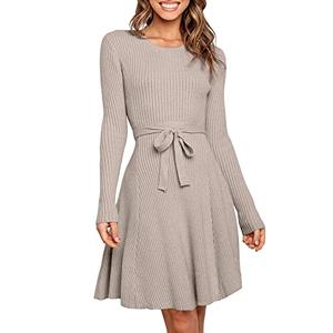 ANRABESS Women's Long Sleeve Midi Dress Crewneck Tie Waist A-Line Swing Casual Bodycon Ribbed Knit 2025 Fall Sweater Dress red Apricot Small