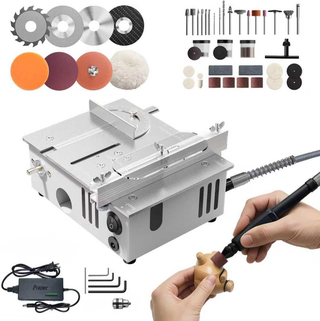Mini Table Saw for Crafts, Multifunctional Portable Table Saws Adjustable Cutting Angle,Speed,SawDepth; Small Table Saw for Cutting, Grinding, Sanding; Tablesaw (Eternal Silver-Dual Motor)