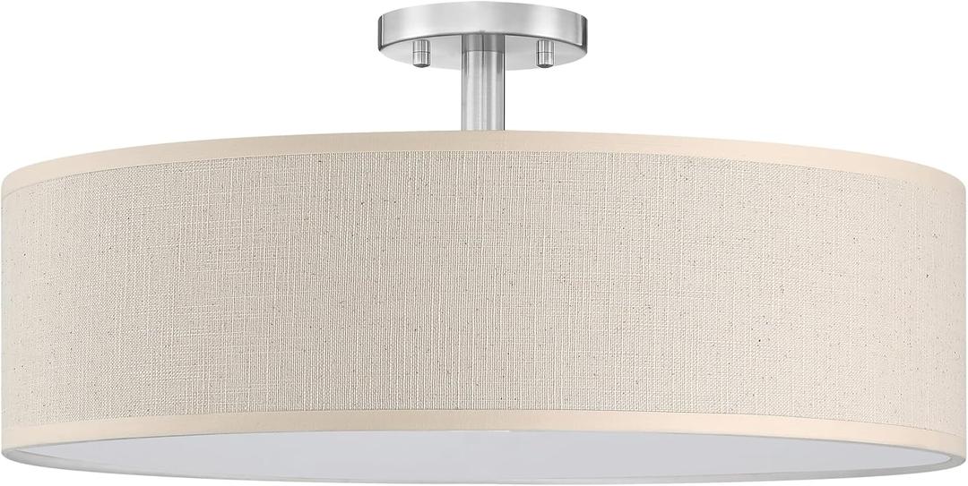 4 Light 20 Inch Semi Flush Mount Close to Ceiling Light Fixture,Off White Fabric Shade Brushed Nickel Finish for Bedroom,Living Room,Dining Room Hallway