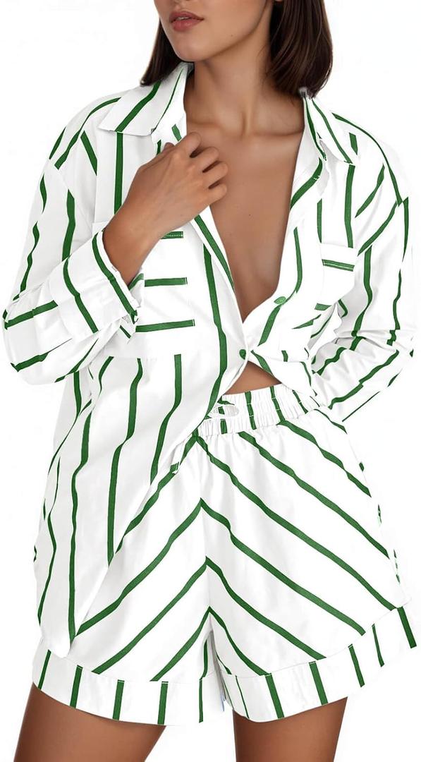 Tankaneo Womens Striped 2 Piece Outfits Button Down Shirts and Shorts Lounge Matching Sets, Medium