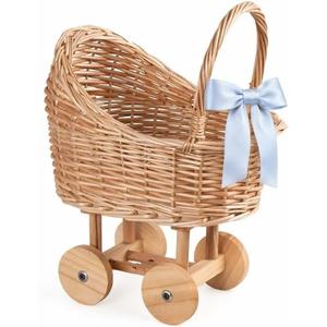 Woven Rattan Baby Stroller Flower Basket, Handcrafted Vintage Wicker Carriage Planter for Baby Shower Centerpieces, Wedding Party Decor and Photo Props, Small Size 14"