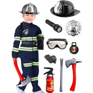 13 Pcs Kids Fireman Costume Set Firefighter Pretend Role Play Outfit for Boy Fireman Dress Up Toys Halloween Cosplay (8-9 Years (124-133cm))