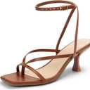 Women's Kitten Heel Strappy Open Square Toe Thong Ankle Strap Heels for Wedding (7, Brown Pu)