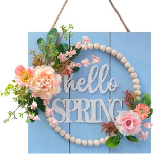Idyllic Hello Spring Sign Wreath for Front Door, Artificial Flower Wreath with Hello Spring Wooden Sign for Farmhouse Wall Wedding Decor Window Front Porch Decor (Blue)