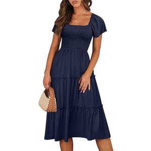 ANRABESS Women Summer Casual Square Neck Flutter Sleeve Boho Smocked A-Line Flowy Tiered Modest Midi Sundress with Pockets (2XL)