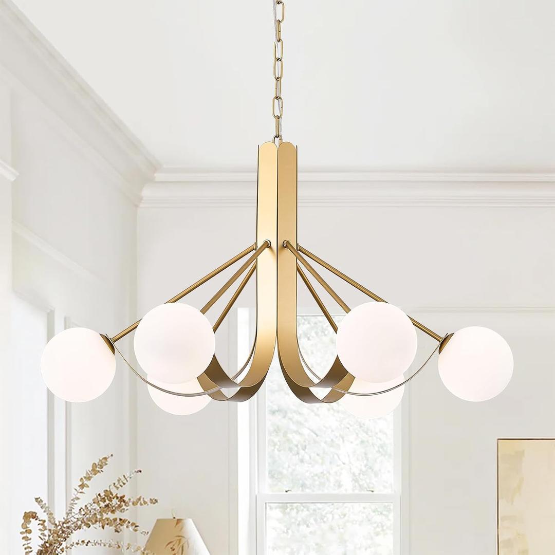 Gold Sputnik Light Fixture Modern Kitchen Chandelier Brassy Gold Bedroom Light Fixtures with Chain 33in Dining Table Light Fixture Mid-Century 6 Light Frosted Glass Chandelier for Living Room Entry
