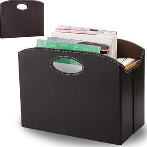 PU Leather Magazine File Holder, Foldable Magazine Basket with Handles, Stable Magazines Rack Floor, Document File Folder Organizer Box, Books Newspaper Storage Bin for Office Home School
