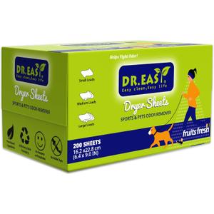 Dr.Easy SPORTS & PETS ODOR REMOVER Fruits Fresh Dryer Sheets,200 Sheets,PLANT&MINERAL-BASED FORMULA