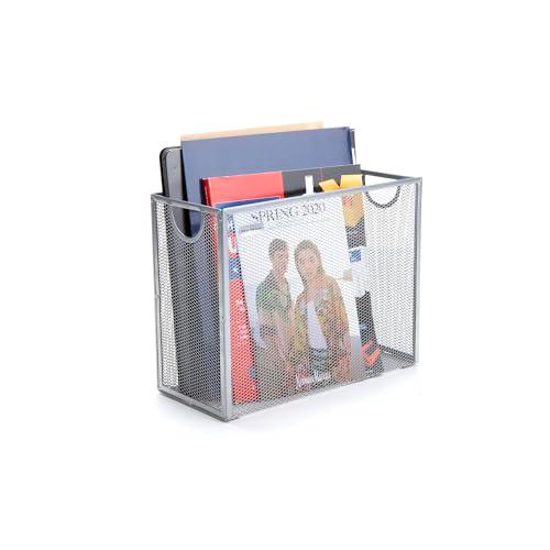 Vertical File Storage, Desktop Organizer, Hanging Files, Office, Metal Mesh, 12.25" L x 5.5" W x 10" H, Silver