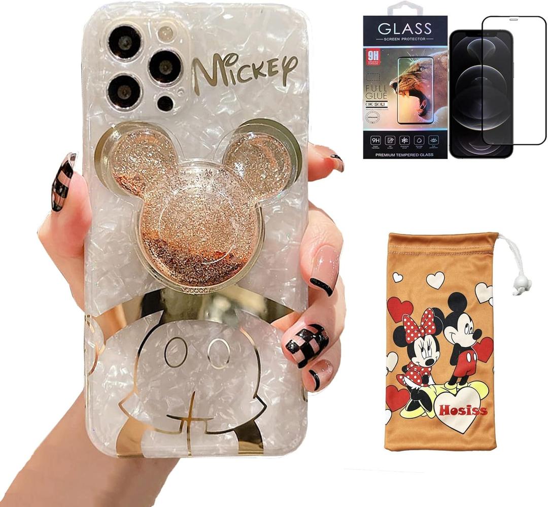 Cartoon Case for iPhone XR 6.1'' with HD Screen Protector, Mickey Mouse with Quicksand Cell Phone Holder Strap Soft TPU Shockproof Protective for Girls Women