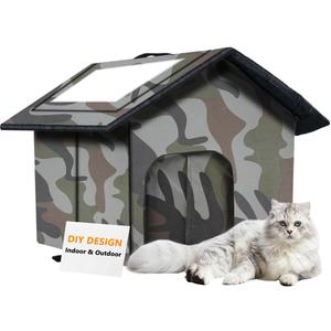Cat House for Outdoor Cats, Weatherproof Feral Cat House with Mat and Doors, Easy to Put Together, Collapsible Warm Pet Nest Kitty Shelter for Winter, Never Blow Away (14.17" x 13.78" x 15.35", Camouflage)