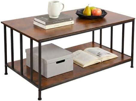 SENIG Small Coffee Table for Living Room with Slatted Sides Frame 39 Inch | Brown Oak Industrial Wood and Metal Center Table With 2-Tier Storage Shelf for Home Office Kitchen, 39.4" L x 21.7" W